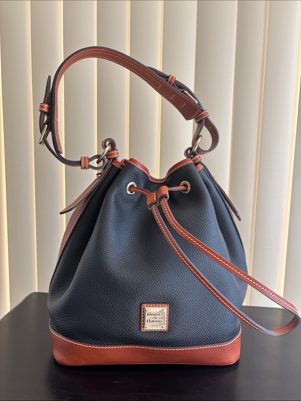 Dooney & Bourke Black Pebbled Leather Drawstring Bucket Shoulder Bag Tote
